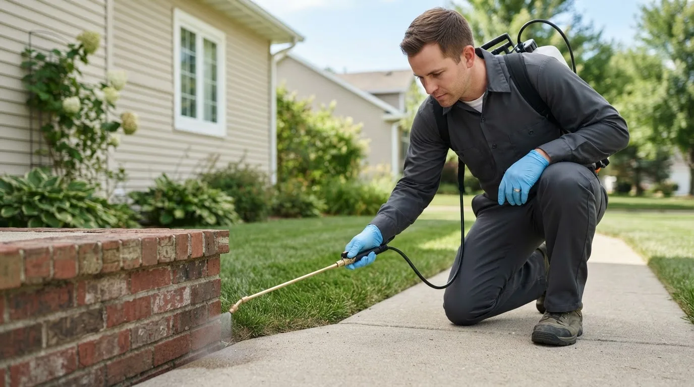 Pest control technician treating a home near Fort Laramie, WY